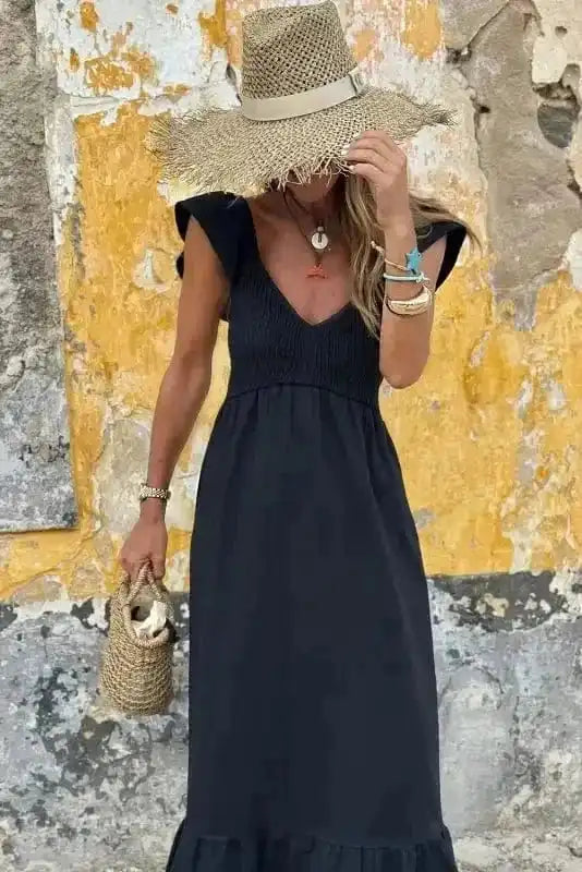 Maxi Dresses Black Maxi Dress - Flutter Sleeve Smocked Bodice