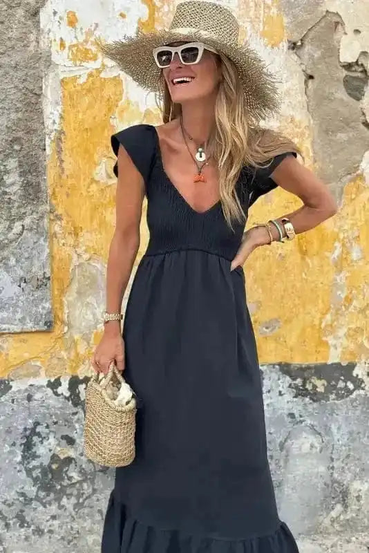 Maxi Dresses Black Maxi Dress - Flutter Sleeve Smocked Bodice
