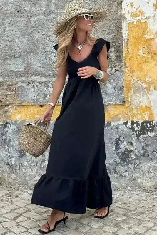 Black V Neck Flutter Sleeve Smocked Bodice High Waist Ruffle Maxi Dress Black / L / 100%Cotton Black V Neck Flutter Sleeve Smocked Bodice High Waist Ruffle Maxi Dress Black / L / 100%Cotton