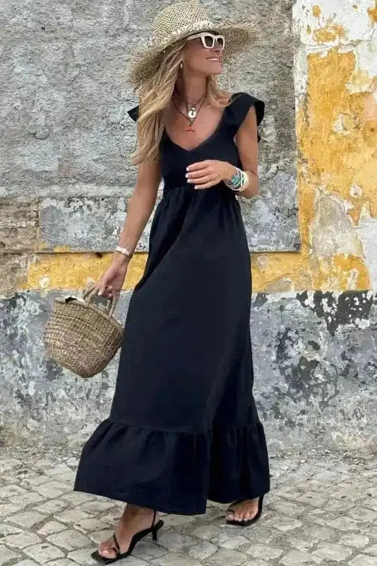 Maxi Dresses Black Maxi Dress - Flutter Sleeve Smocked Bodice