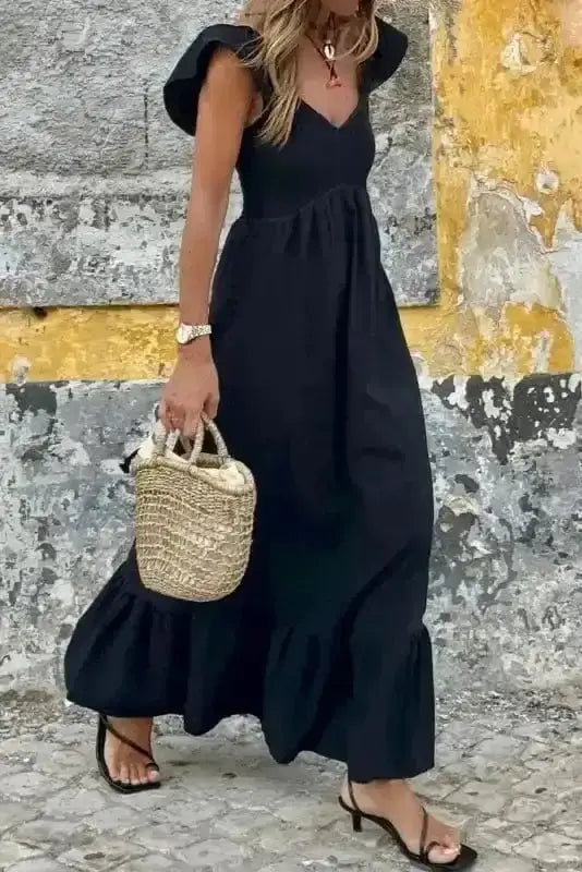 Black V Neck Flutter Sleeve Smocked Bodice High Waist Ruffle Maxi Dress Black / XL Black V Neck Flutter Sleeve Smocked Bodice High Waist Ruffle Maxi Dress Black / XL