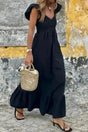 Black flutter sleeve smocked bodice maxi dress front view — Fashionfitz UK