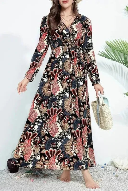 Maxi Dresses Black / S / 100%Polyester Blossom Elegance Maxi Wrap Dress