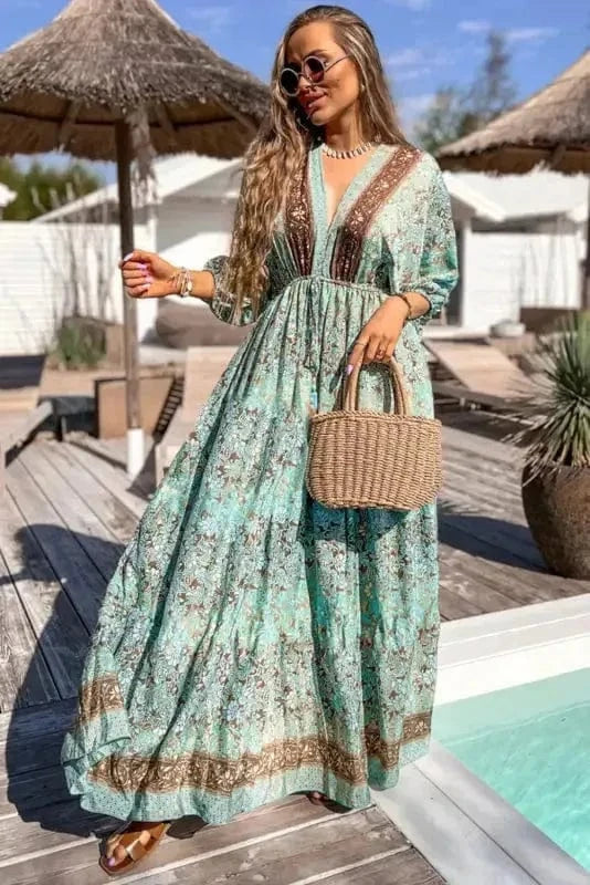 Maxi Dresses Boho Floral Maxi Dress - Open Back