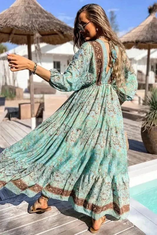 Maxi Dresses Boho Floral Maxi Dress - Open Back