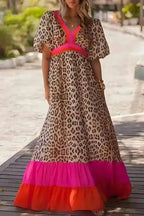 Maxi Dresses Bright Pink / S / 100%Polyester Maxi Mosaic Leopard Gown