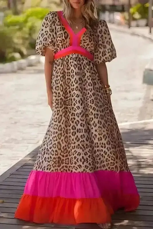 Bright pink leopard print puff sleeve boho A-line maxi dress front view — Fashionfitz UK