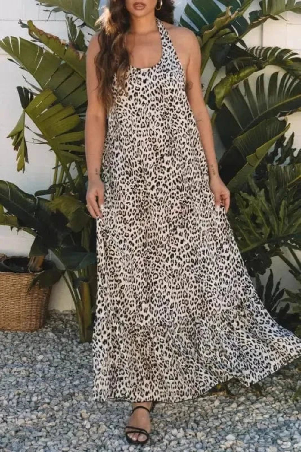 Maxi Dresses Brown Leopard Maxi Dress - Halter Neck Backless Ruffled Hem