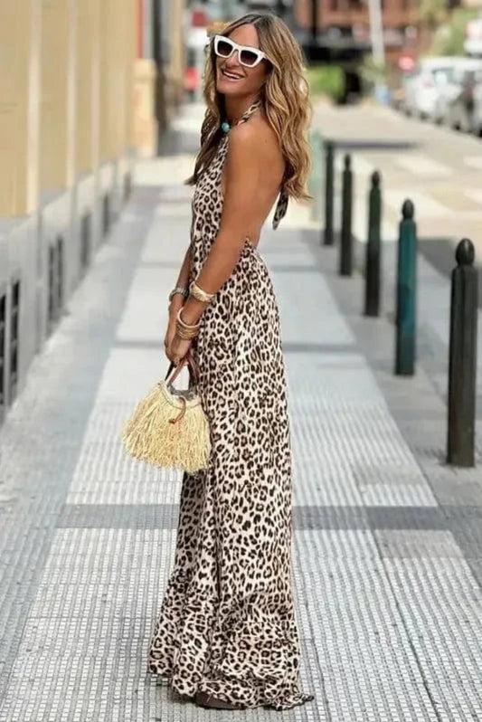 Maxi Dresses Brown Leopard Maxi Dress - Halter Neck Backless Ruffled Hem