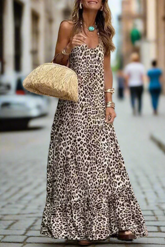 Maxi Dresses Brown Leopard Maxi Dress - Halter Neck Backless Ruffled Hem