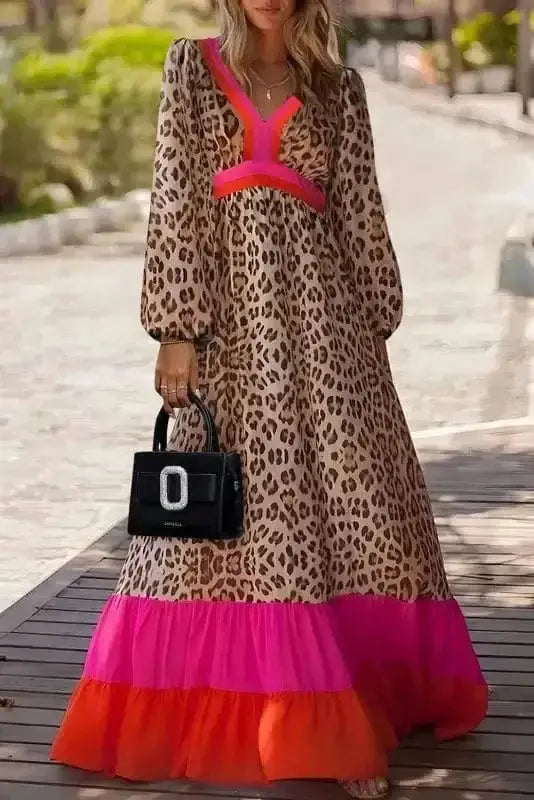 Brown leopard print bold statement A-line maxi dress front view — Fashionfitz UK
