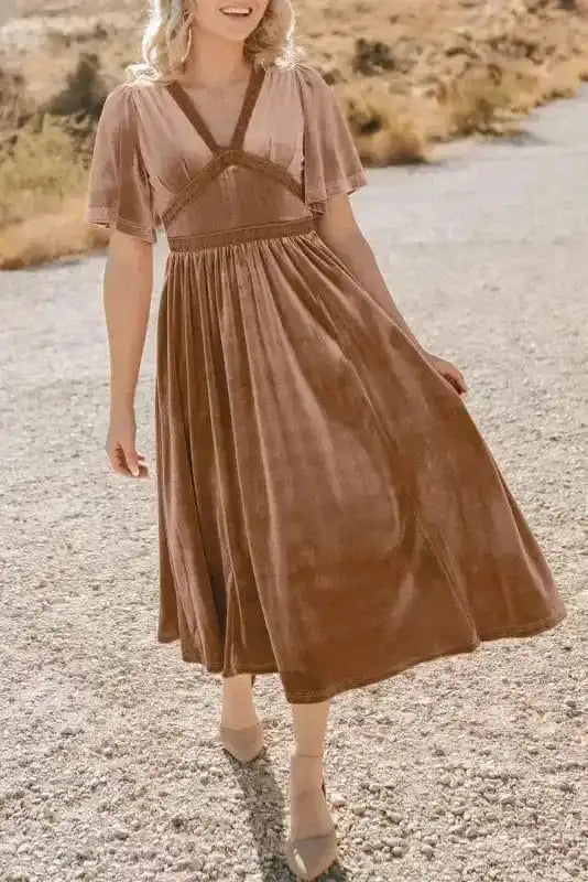 Maxi Dresses Chestnut / S / 95%Polyester+5%Elastane Empire Grace Velvet Maxi Dress
