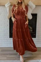 Maxi Dresses Chestnut / S / 95%Polyester+5%Elastane Luxe Velvet Tiered Maxi - Elegance Redefined