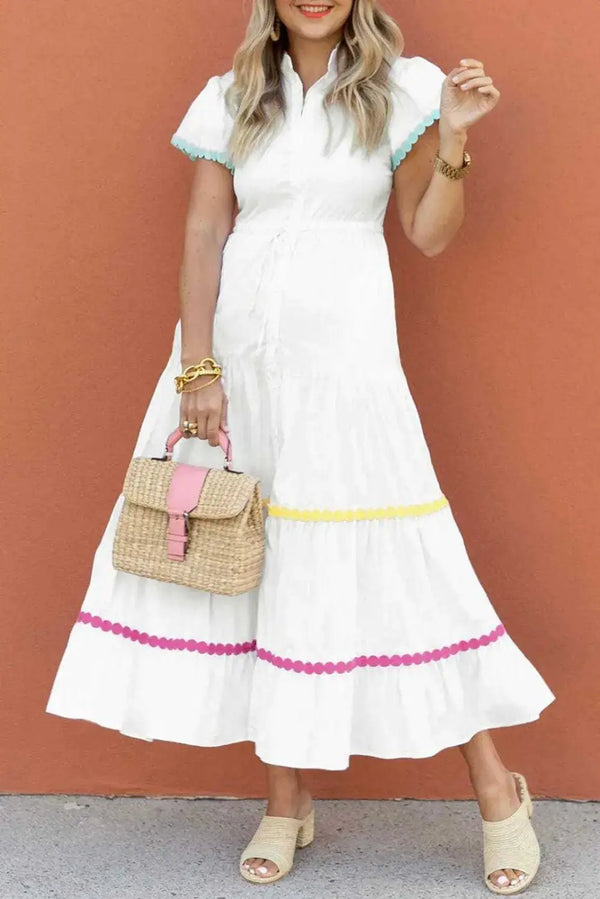 Elegant linen cotton colourblock long maxi dress front view — Fashionfitz UK