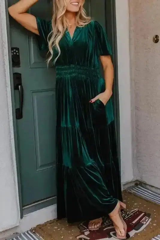 Evergreen velvet tiered boho wedding guest maxi dress front view — Fashionfitz UK