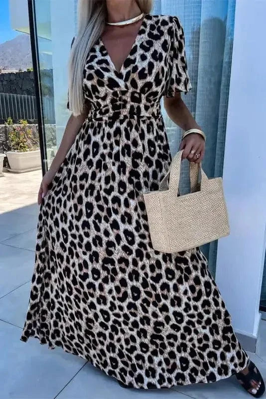 Maxi Dresses Khaki / S / 100%Polyester Leopard Open Back Maxi Dress - V Neck Cinched High Waist