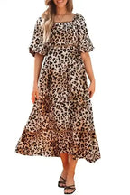 Maxi Dresses Leopard Maxi Dress - Bubble Sleeve Square Neck