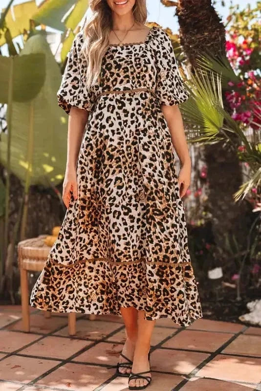 Maxi Dresses Leopard Maxi Dress - Bubble Sleeve Square Neck
