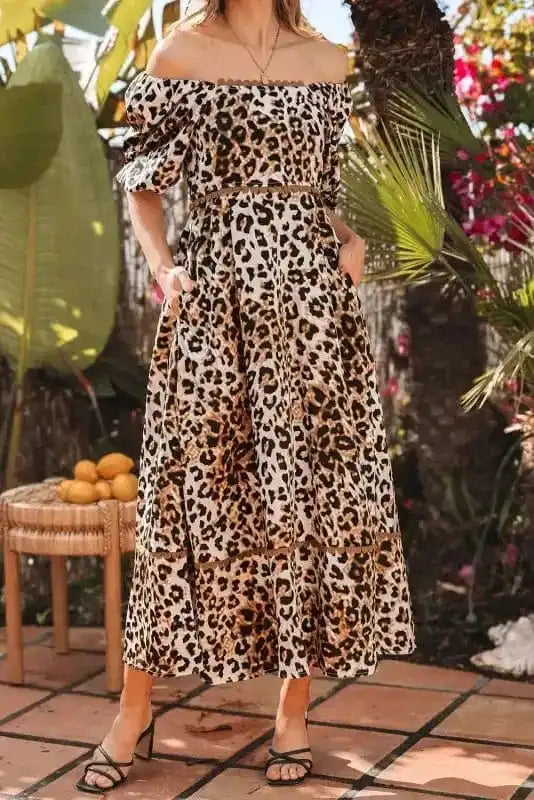 Maxi Dresses Leopard Maxi Dress - Bubble Sleeve Square Neck