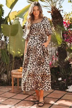 Maxi Dresses Leopard Maxi Dress - Bubble Sleeve Square Neck