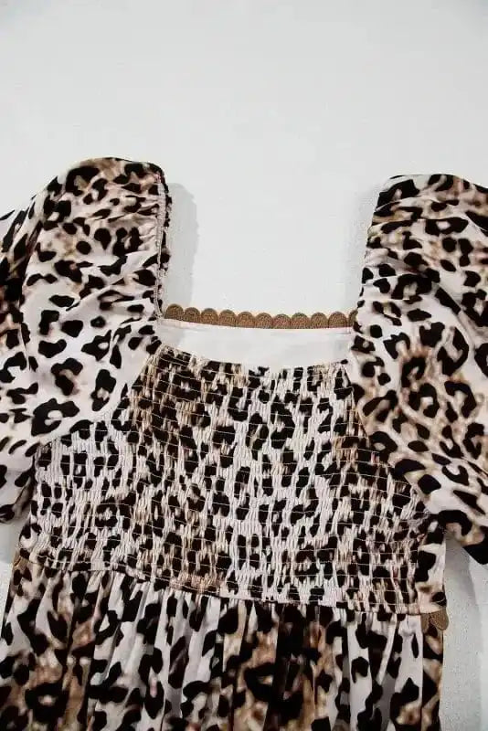 Maxi Dresses Leopard Maxi Dress - Bubble Sleeve Square Neck