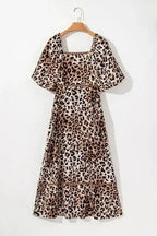 Maxi Dresses Leopard Maxi Dress - Bubble Sleeve Square Neck
