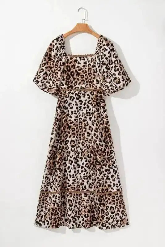 Maxi Dresses Leopard Maxi Dress - Bubble Sleeve Square Neck