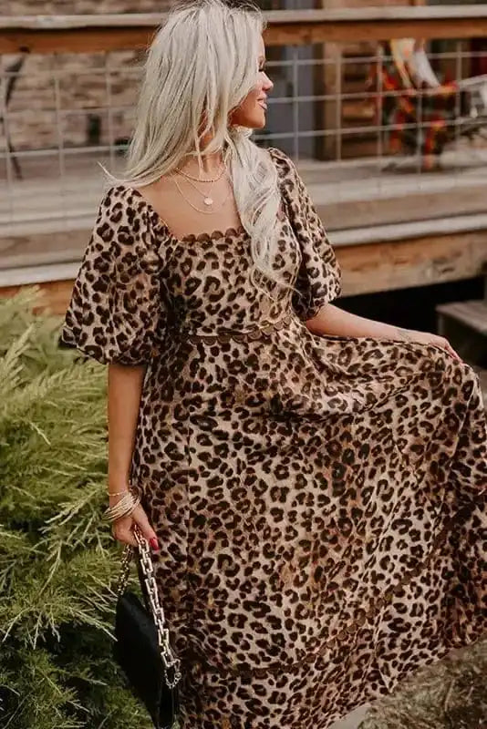 Maxi Dresses Leopard Maxi Dress - Bubble Sleeve Square Neck
