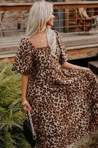 Maxi Dresses Leopard Maxi Dress - Bubble Sleeve Square Neck