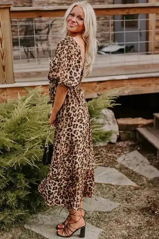 Maxi Dresses Leopard Maxi Dress - Bubble Sleeve Square Neck