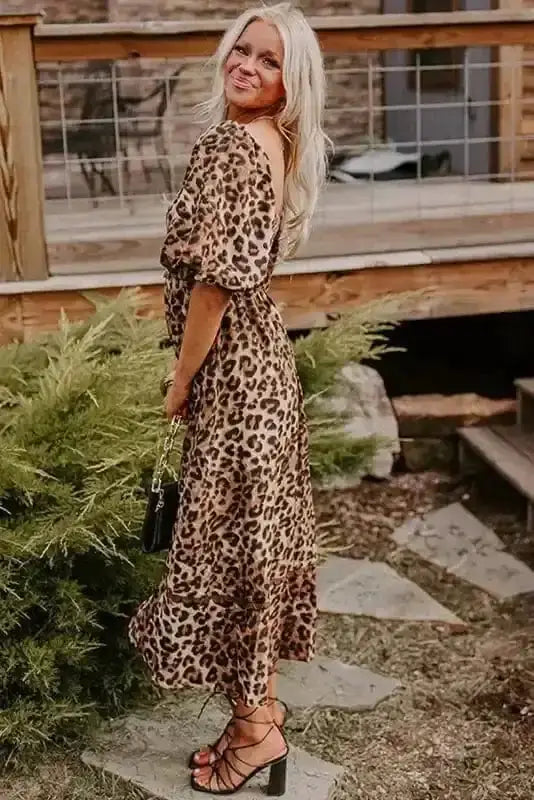 Maxi Dresses Leopard Maxi Dress - Bubble Sleeve Square Neck