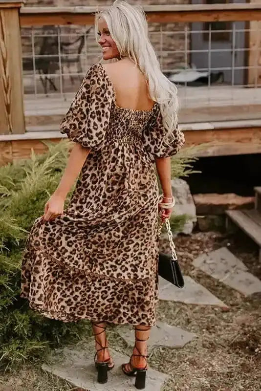 Maxi Dresses Leopard Maxi Dress - Bubble Sleeve Square Neck
