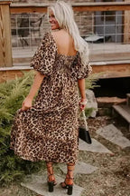 Maxi Dresses Leopard Maxi Dress - Bubble Sleeve Square Neck
