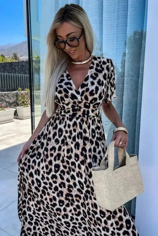 Maxi Dresses Leopard Open Back Maxi Dress - V Neck Cinched High Waist