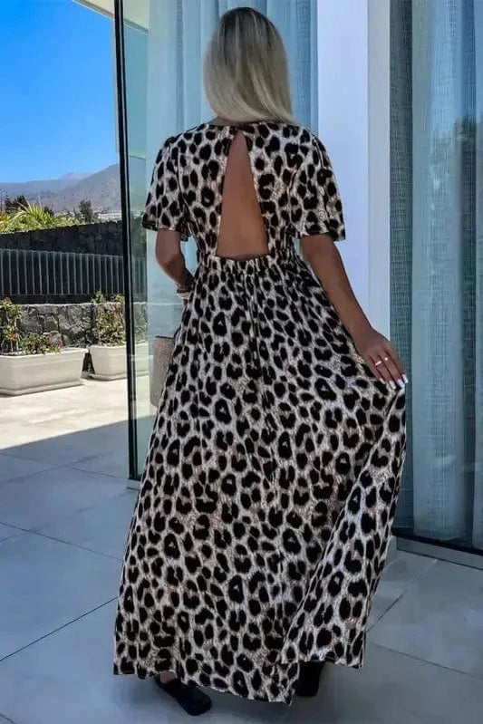 Maxi Dresses Leopard Open Back Maxi Dress - V Neck Cinched High Waist