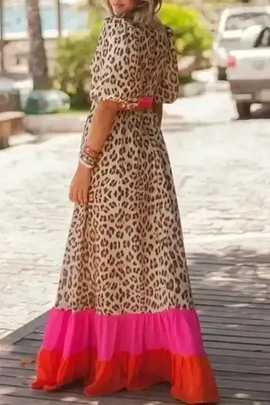 Leopard print puff sleeve maxi dress back view — Fashionfitz UK