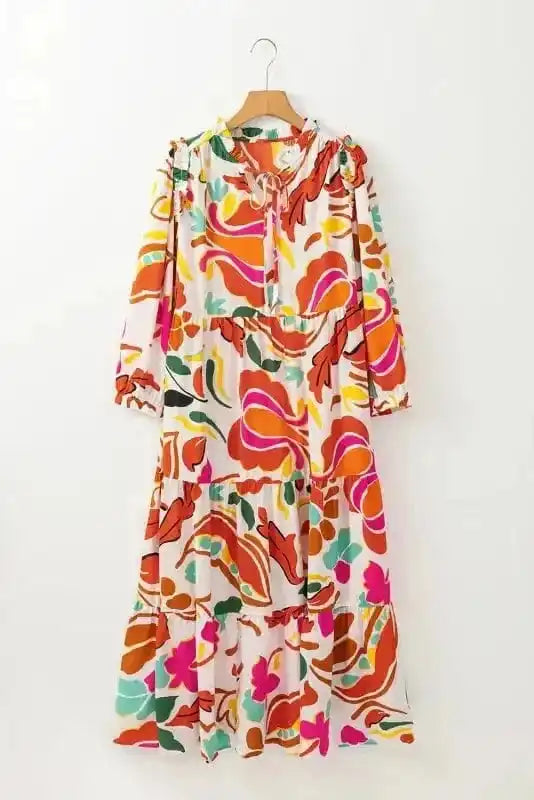 Maxi Dresses Orange / S / 100%Polyester Valencia Floral Tiered Maxi Dress