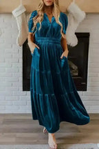 Maxi Dresses Prussian Blue / S / 95%Polyester+5%Elastane Luxe Velvet Tiered Maxi - Elegance Redefined
