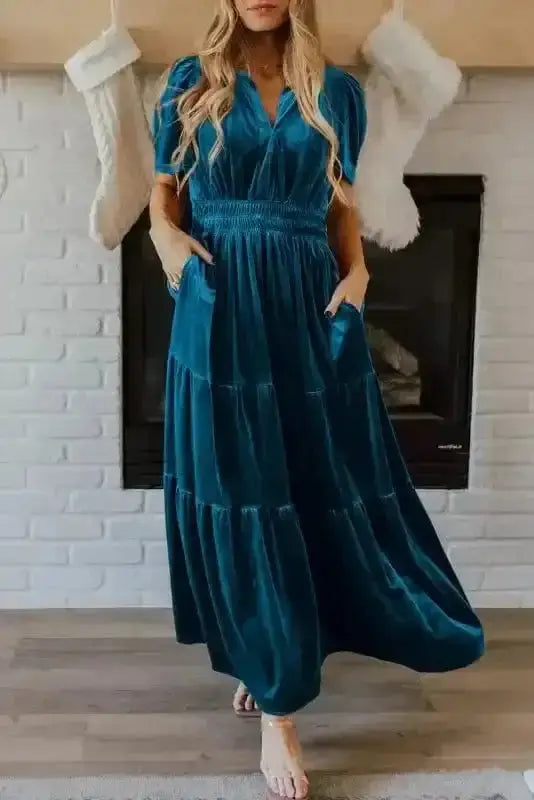 Prussian blue velvet tiered boho shirred waist maxi dress front view — Fashionfitz UK