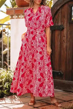 Maxi Dresses Red Paisley Maxi Dress - Side Slit Puff Sleeve High Waist