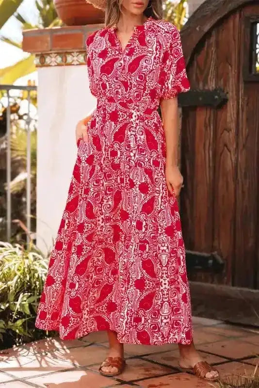 Maxi Dresses Red Paisley Maxi Dress - Side Slit Puff Sleeve High Waist