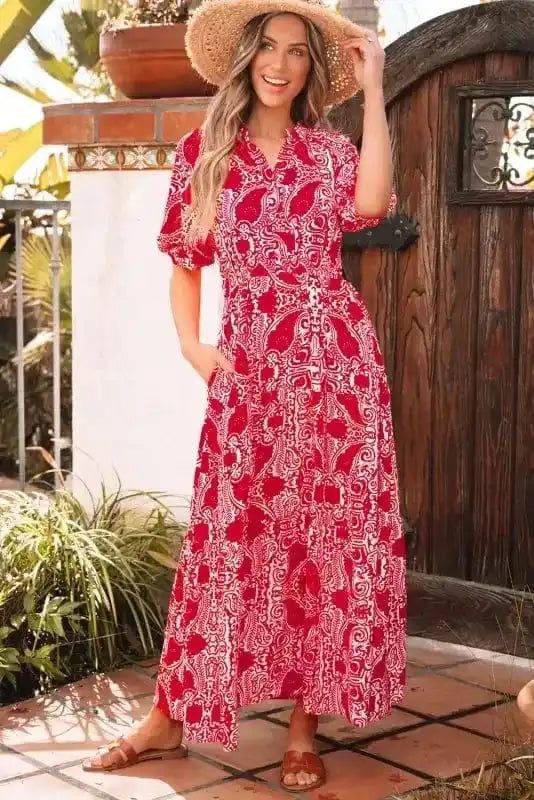 Maxi Dresses Red Paisley Maxi Dress - Side Slit Puff Sleeve High Waist