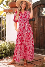 Maxi Dresses Red Paisley Maxi Dress - Side Slit Puff Sleeve High Waist