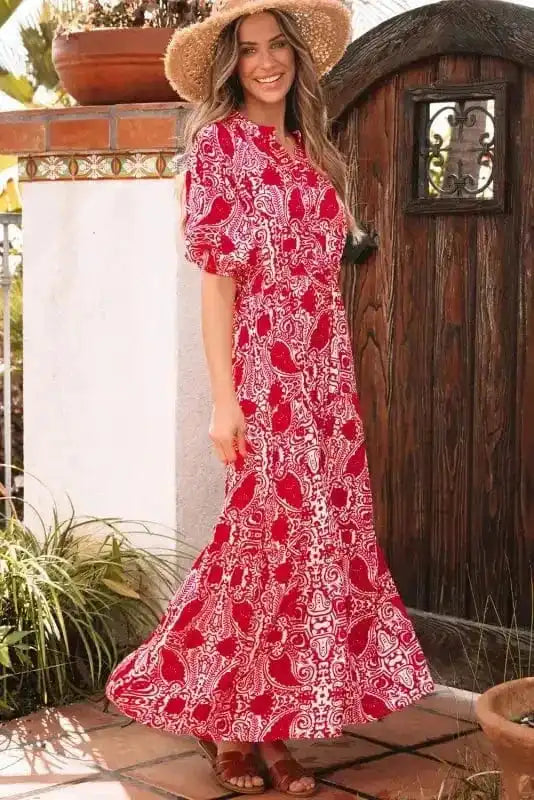 Maxi Dresses Red Paisley Maxi Dress - Side Slit Puff Sleeve High Waist
