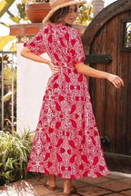 Maxi Dresses Red Paisley Maxi Dress - Side Slit Puff Sleeve High Waist
