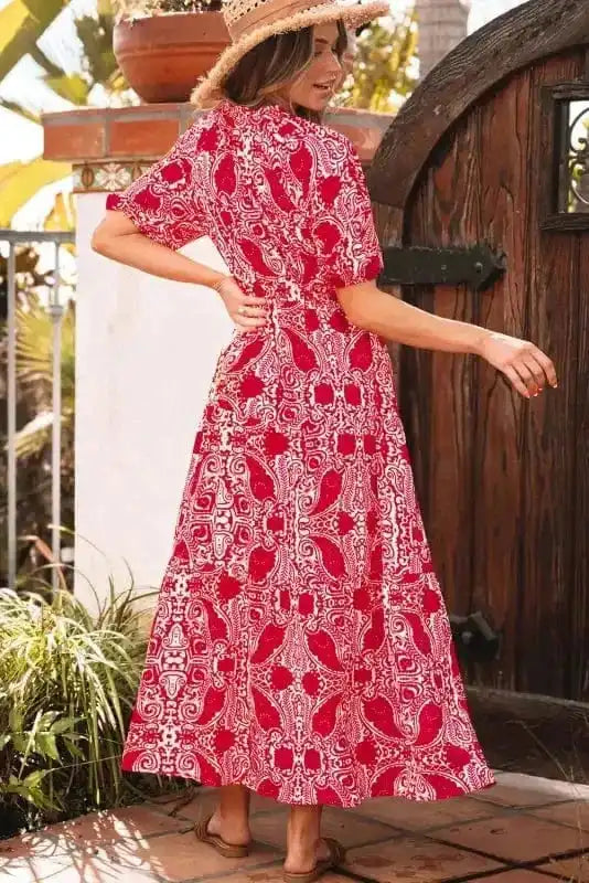 Maxi Dresses Red Paisley Maxi Dress - Side Slit Puff Sleeve High Waist