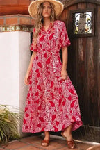 Maxi Dresses Red Paisley Maxi Dress - Side Slit Puff Sleeve High Waist