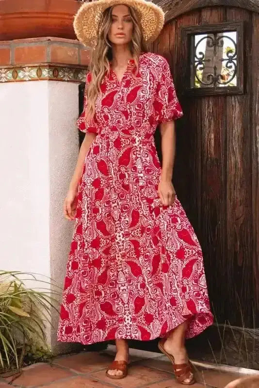Maxi Dresses Red Paisley Maxi Dress - Side Slit Puff Sleeve High Waist