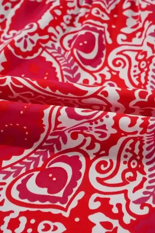 Maxi Dresses Red Paisley Maxi Dress - Side Slit Puff Sleeve High Waist