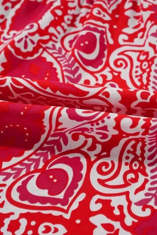 Maxi Dresses Red Paisley Maxi Dress - Side Slit Puff Sleeve High Waist